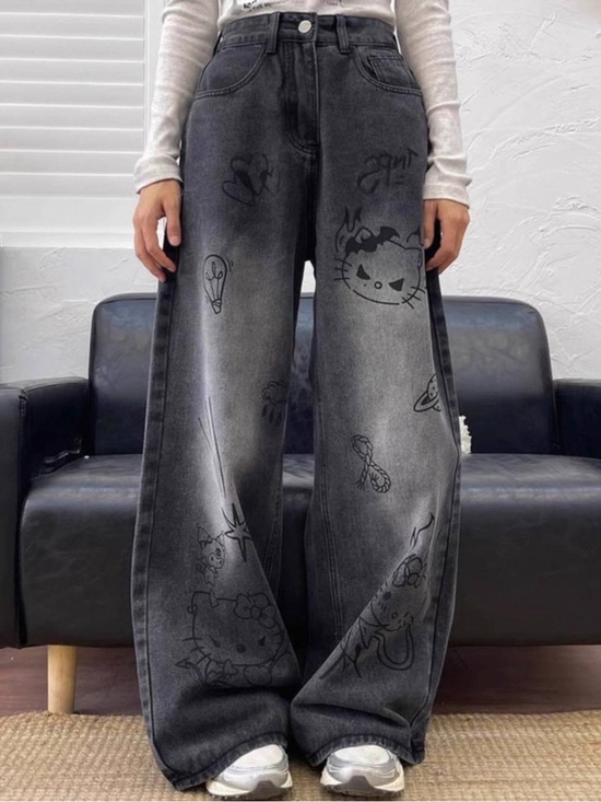 No brand Denim - Wide-Leg Black Graphic hello kitty Jeans for Women
